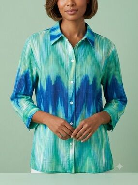 Alia Blue Green Tie-Dye Button-Down Shirt 18P